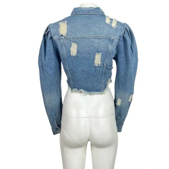 Cropped Denim Jacket with Puffy Sleeves - Picture 4 of 4